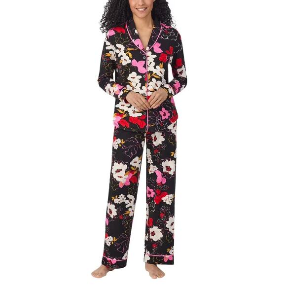 Room Service Shawl Collar Pajama Set (Size S) Color: Black/Pink/White-Floral New - Picture 2 of 13